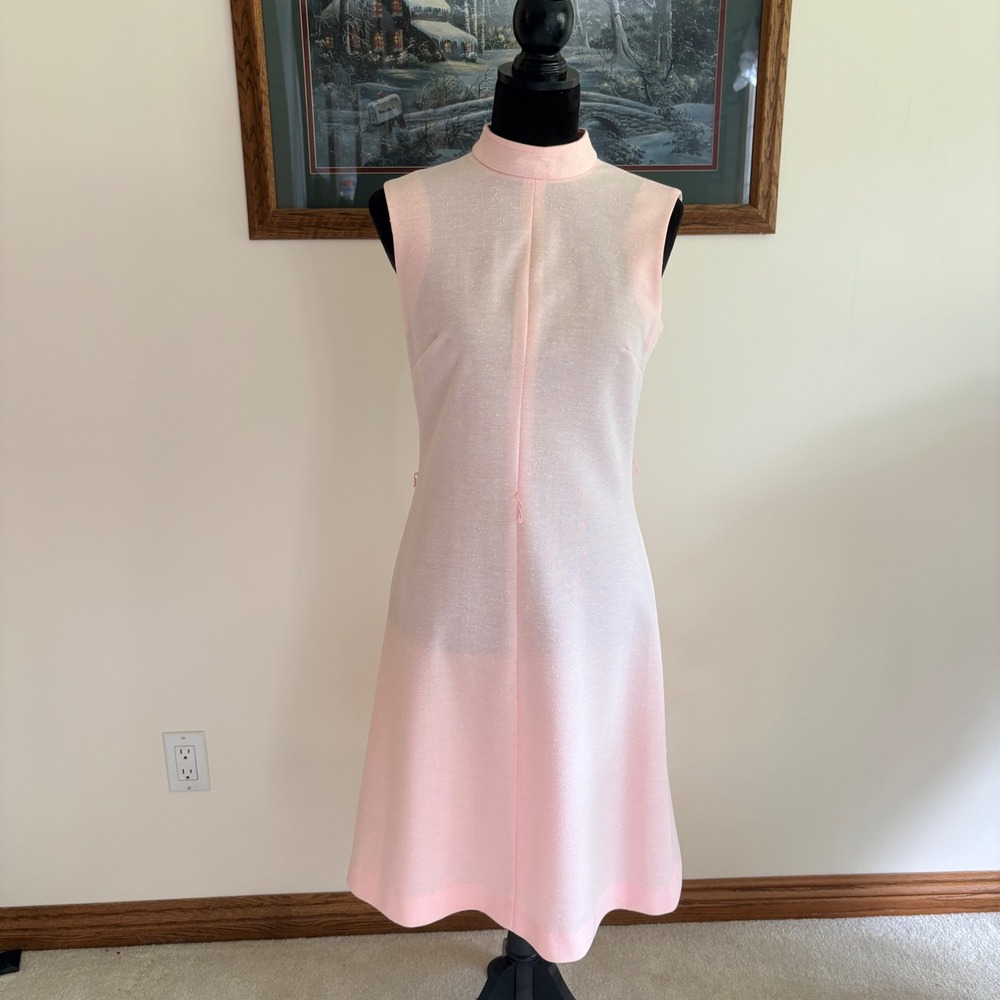 Vintage Pink Sleeveless Mock Neck Dress Womens 10 Retro 60s 70s Polyester Knit
